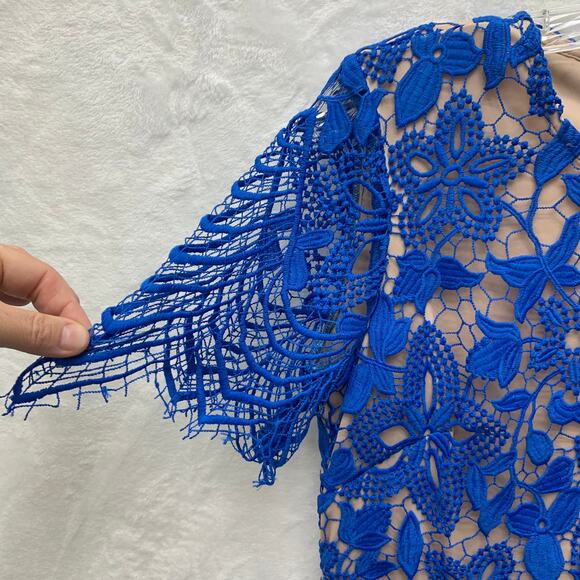 ASOS Womens Size 6 Blue Lace Overlay Short Sleeve Scoop Shift Dress Nude Lining - Picture 5 of 8